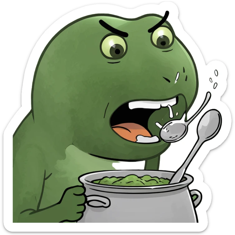 playful brainrot style emoji of a person banging a pot with a spoon, shouting 'tung tung tung sahur', exaggerated silly facial expression, energetic chaotic vibe sticker