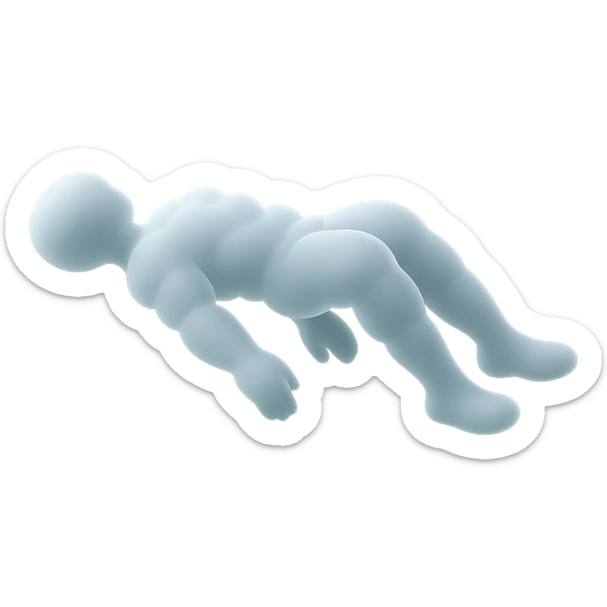 side view of unconscious person flying torso up, legs and arms down, made of small very bright white fluffy convex clouds, matte glass style sticker