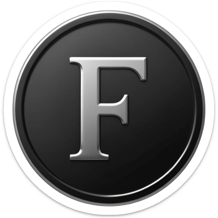 Emoji icon of a black coin with engraved letter F, minimalist style, isolated, no color sticker