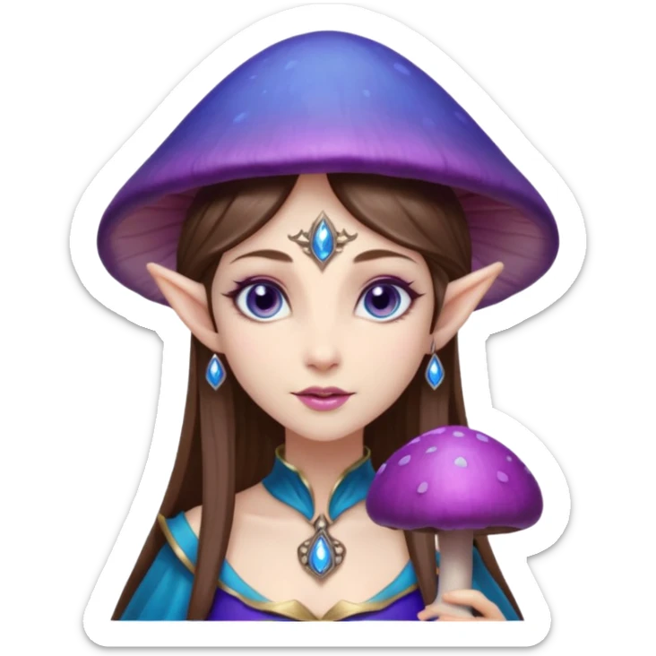 Hyper realistic purple mushroom top elf mage fairy queen pale skin brown hair and blue-eyes sticker