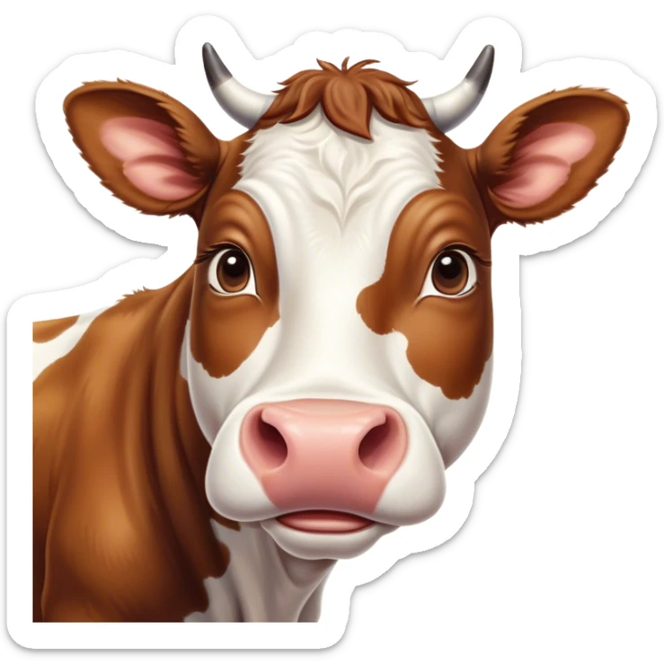 Cinematic Cute Brown and White Cow Portrait Emoji, Head tilted playfully and inquisitively, featuring a glossy, richly patterned hide of brown with striking white patches, round, sparkling brown eyes filled with gentle curiosity, Simplified yet irresistibly adorable features, highly detailed, glowing with a warm, friendly glow, high shine, affectionate and serene, stylized with a touch of country charm, bright and endearing, soft glowing outline, capturing the essence of a mischievous yet loving cow, so playful it feels like it could moo out of the screen and into your arms! sticker