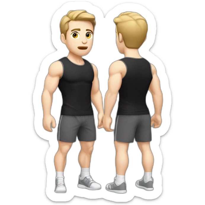 Confused Pale skinned Fit Man With the biceps and dark brown hair in black shirt, gray sports shorts and white Sneakers sticker
