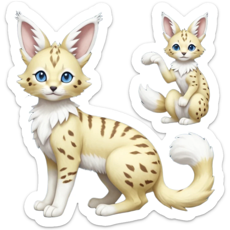 Albino-white, blue-eyed soft natural realistic romantic vintage antique divine beautiful elegant pretty precious cute young youthful  Fakémon-Pokémon-feline-Zeraora-Jolteon-serval-caracal-chinchilla-Minccino-Cinccino-Meowstic-rodent-hybrid-creature (full body) sticker