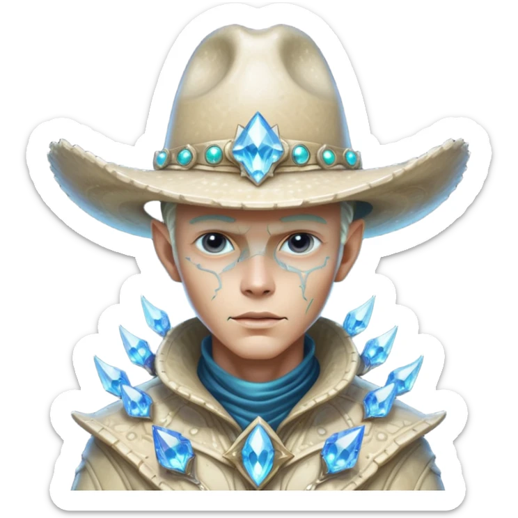 Portrait of a crystalline alien cowboy, face made of sharp translucent crystal structures, light refracting through edges, elegant cowboy hat carved from alien mineral, dramatic rim lighting, ultra detailed fantasy sci-fi portrait
 sticker