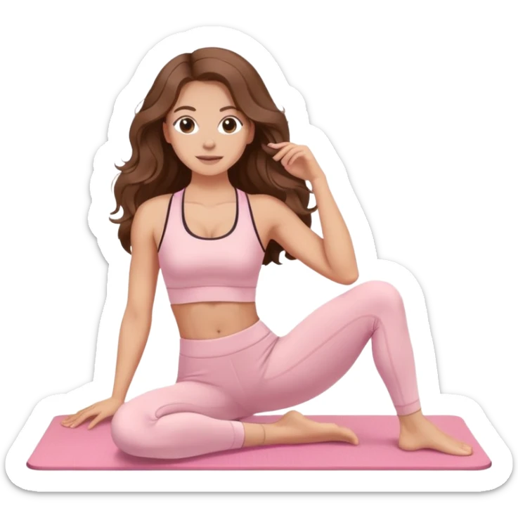 Long wavy brown hair Woman wearing light pink gym set Pilates sticker