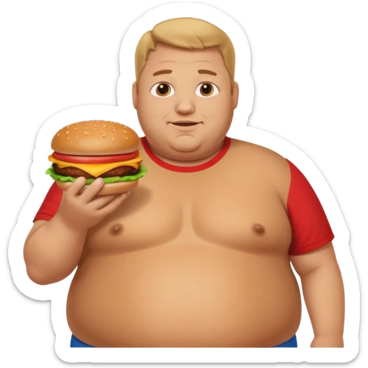 A very fat guy in an Alex Zero T-shirt, holding burgers, gives a like. sticker