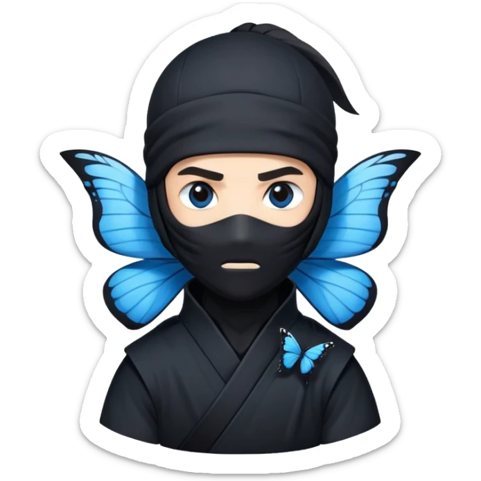 Emoji  con estos dos emojis 🦋 🥷🏻.
Ninja vestido de negro con los ojos de color negro y la piel blanca y con la mariposa azul posada en su hombro izquierdo como si estuviera volando en su hombro. sticker