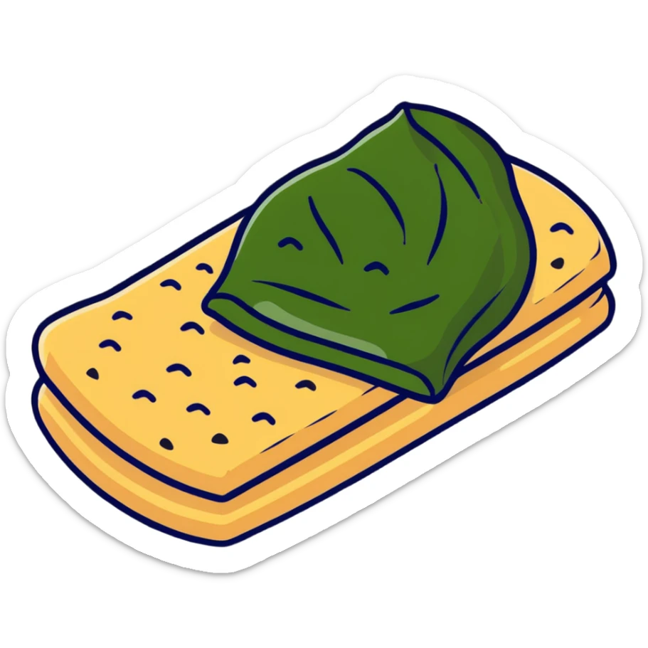 Detailed Japanese senbei rice cracker partially wrapped with crisp nori seaweed sticker