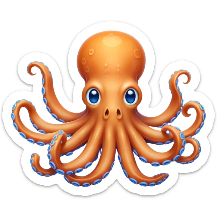 Cinematic Noble Octopus Portrait Emoji, Poised and enchanting, with a light orange body adorned with vibrant blue rings and eight delightfully curling arms with gentle suckers, large sparkling eyes exuding warmth and playfulness, Simplified yet charmingly expressive features, highly detailed, glowing with a soft, magical underwater radiance, high shine, intelligent and irresistibly cute, stylized with an air of whimsical marine enchantment, focused and fluid, soft glowing outline, capturing the essence of a watchful and endearing octopus that appears ready to float out of the screen with delightful charm! sticker