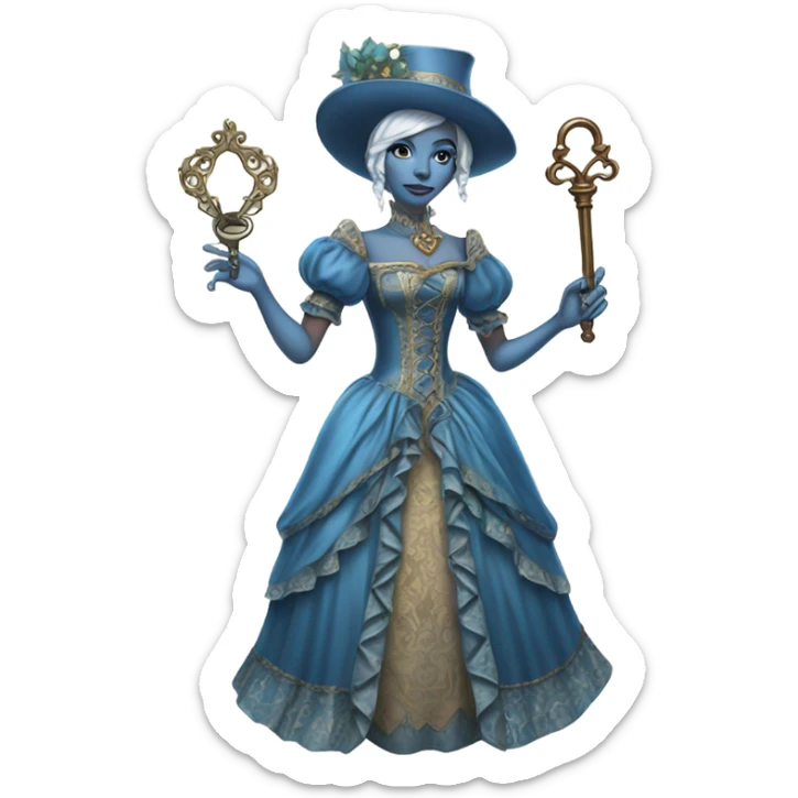 elf blue woman login holding a big key in victorian dress, full body sticker