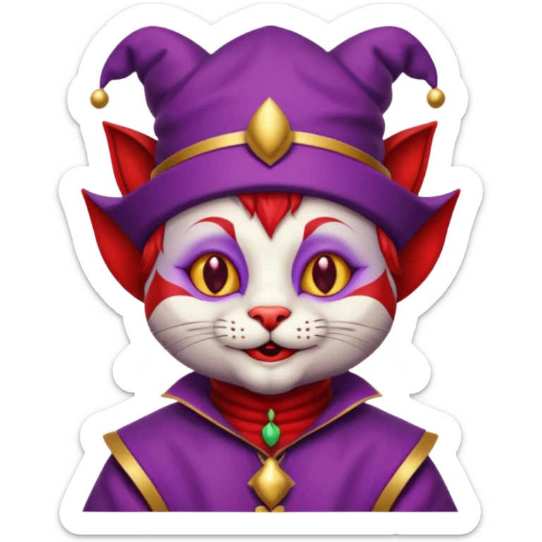crazy colorful cute little cat jolly joker from poker, medieval, vintage, court jester, mac os icon, purple and red color, half body sticker