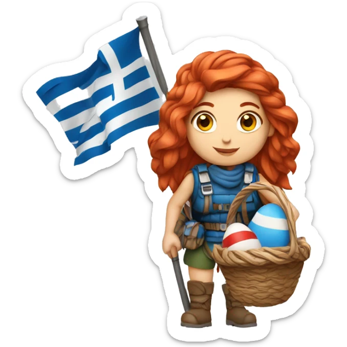Greek Female winter mountaineer red hair white skin climbing with Greek Flag and Easter eggs basket sticker