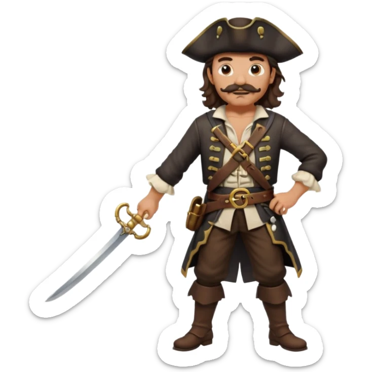 Pirate full body with dark brown wavy hair and mustache and sword sticker