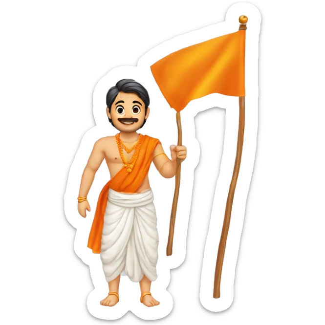 hindu guy having a saffron flag in hand, saying jai shri ram with joy, the flag has जय श्री राम written on the flag sticker