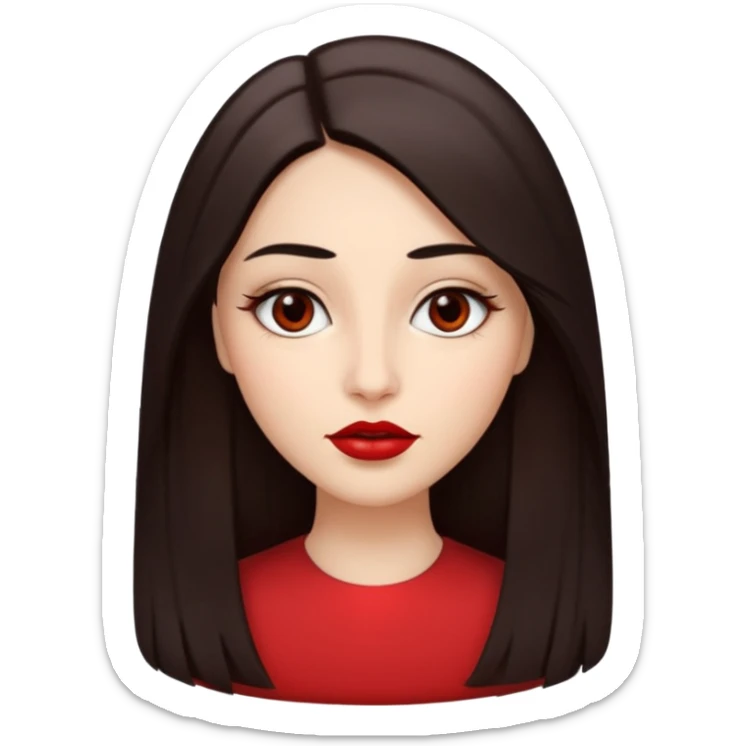 A woman emoji with fair skin, long straight dark brown hair parted in the middle, an oval-shaped face, arched dark eyebrows, almond-shaped brown eyes, a small nose, and full lips colored with deep red lipstick. sticker