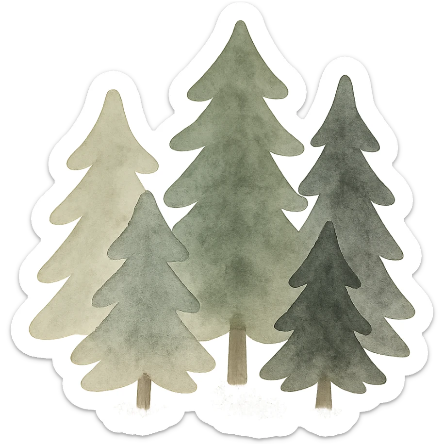 group of simple evergreen trees in folk art style, dark neutral forest color tones, watercolor texture with outlines, suitable for favicon sticker