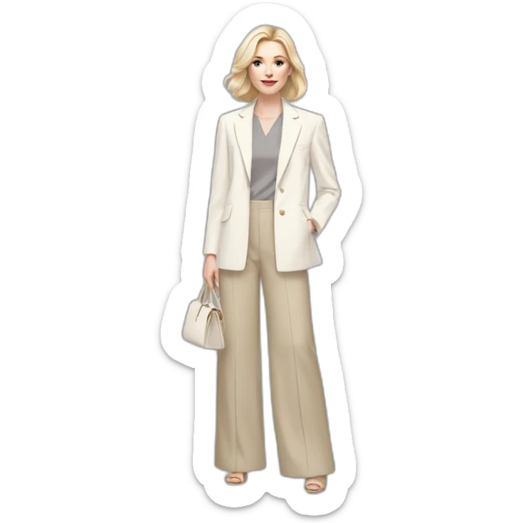 pale skin woman with ash blonde Straightened bob Hair, White Spacious classical jacket, beige palazzo Arrow pants and gray blouse holding a color palettes in the hands sticker
