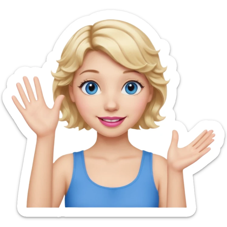 Girl Blonde short wavy hair,  blue eyes, cute blue top, long lashes, pink lips, smiling, one hand in the air sticker
