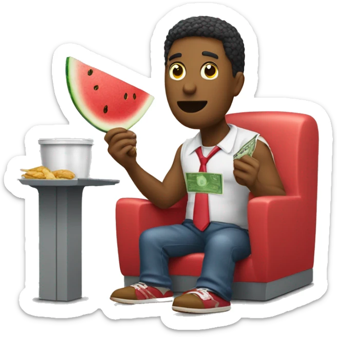 colores man eating fried poulet legs and watermelon while taking money out of a bank sticker