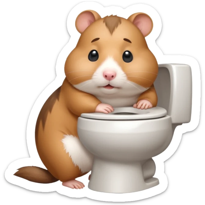 Cute chubby cartoon-style hamster sitting on toilet pooping looking as if he had an accident sticker