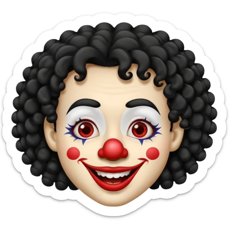 generate clown emoji with a big curly black hair 

wide black smile, long and pointy white nose sticker