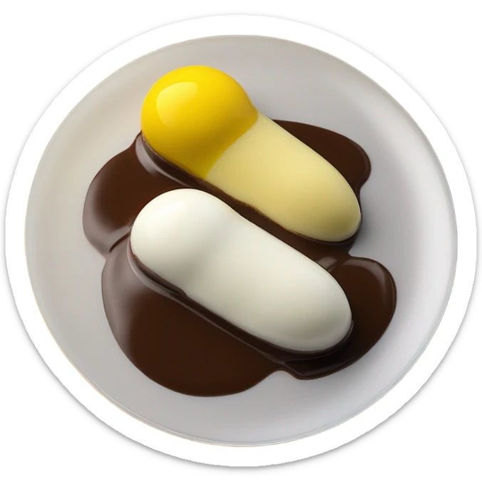 1 Chocolate quenelle and 1 vanilla quenelle on a fine dining glass plate with 3 small drops of yellow sauce as decoration sticker