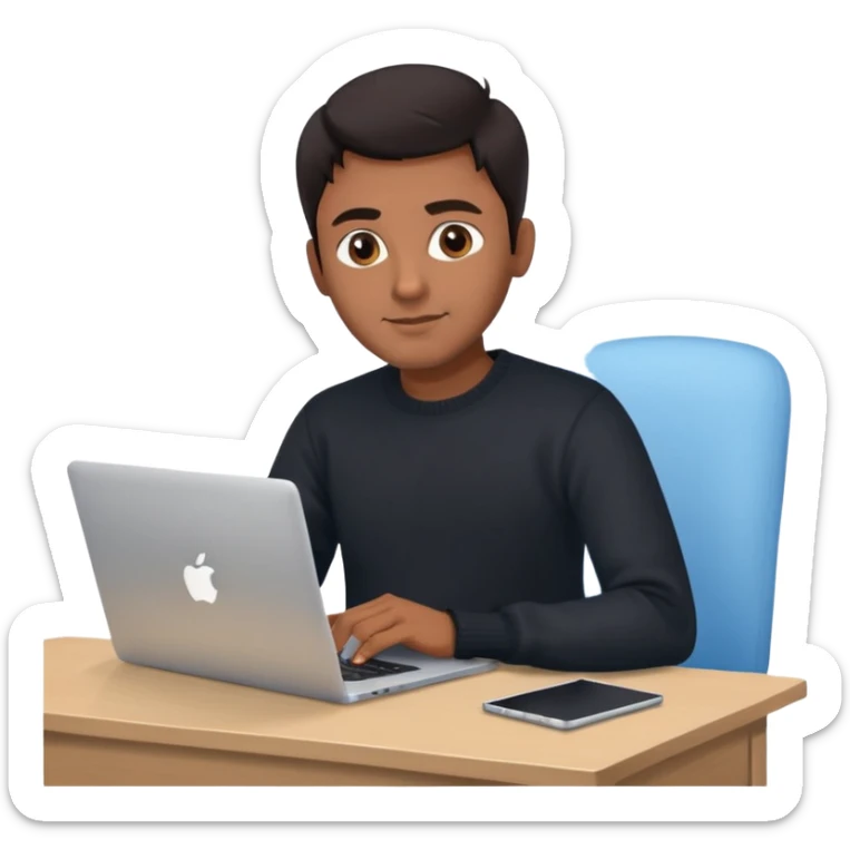 memoji of a man with a laptop, apple-style, modern, dark hair, black sweater, Indian brown skin, holding a computer, sitting at a desk, light blue gradient background sticker