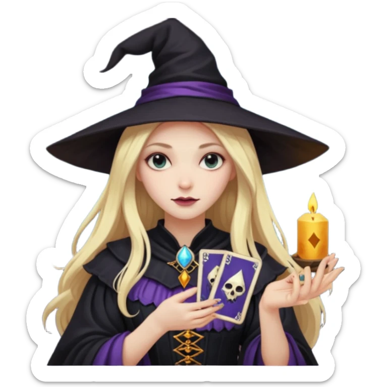 dark witch girl with long blonde hair and Tarot cards sticker