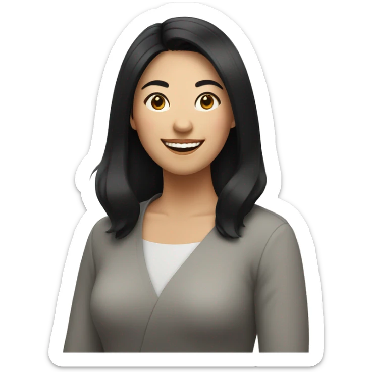 A 30s Asian woman with black hair, and smiling sticker