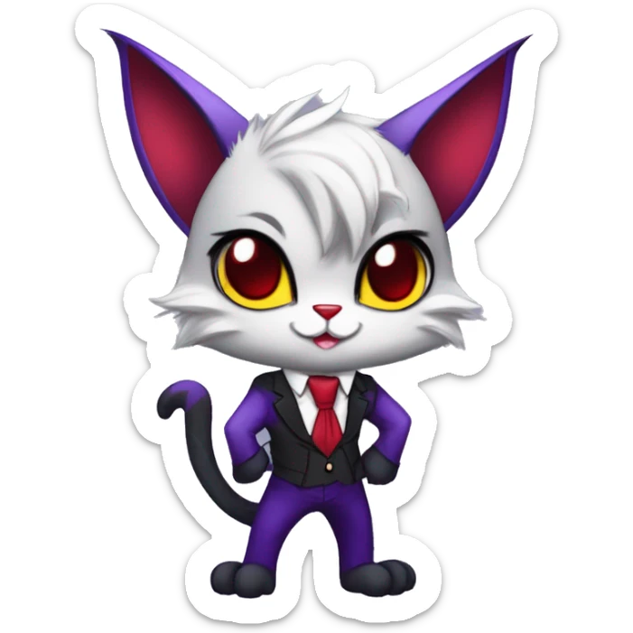 Anthro-Cute-Edgy-Vampiric-Batty-Cat-Black-Purple-Red-Grey-White-Yellow-Contrast-Colors-Fantasy-Fur-Sona-Chibi-Shiny-Fakémon-Hybrid with horns and big fangs neck tie leg spats full body sticker