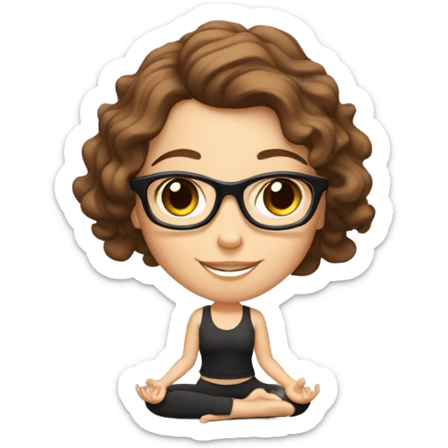 White girl with wavy brown hair, brown eyes and black glasses doing yoga sticker