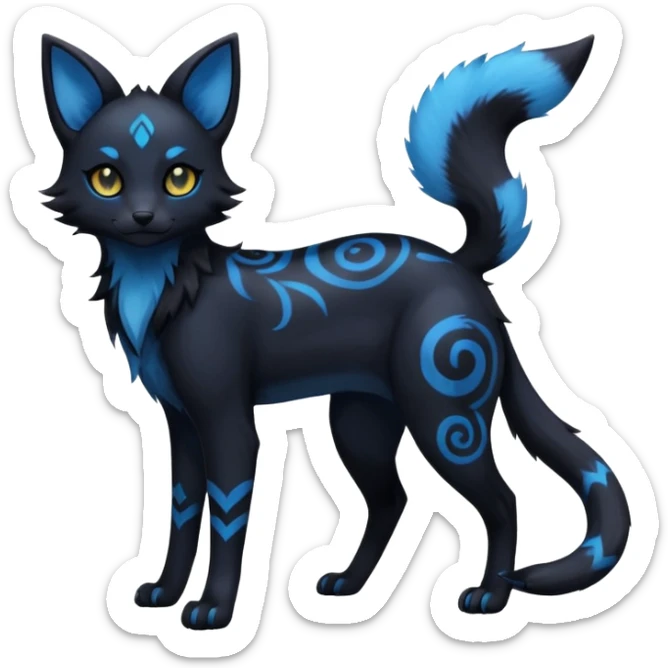 Kawaii dark edgy gloomy dusky dull-colored fantasy ethereal feline-vernid-umbreon--fursona animal creature with a tufted tail full body with intricate markings  sticker