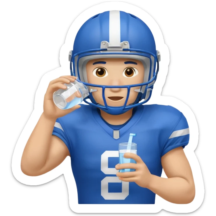 football player center position in blue gear helmet on sipping water sticker