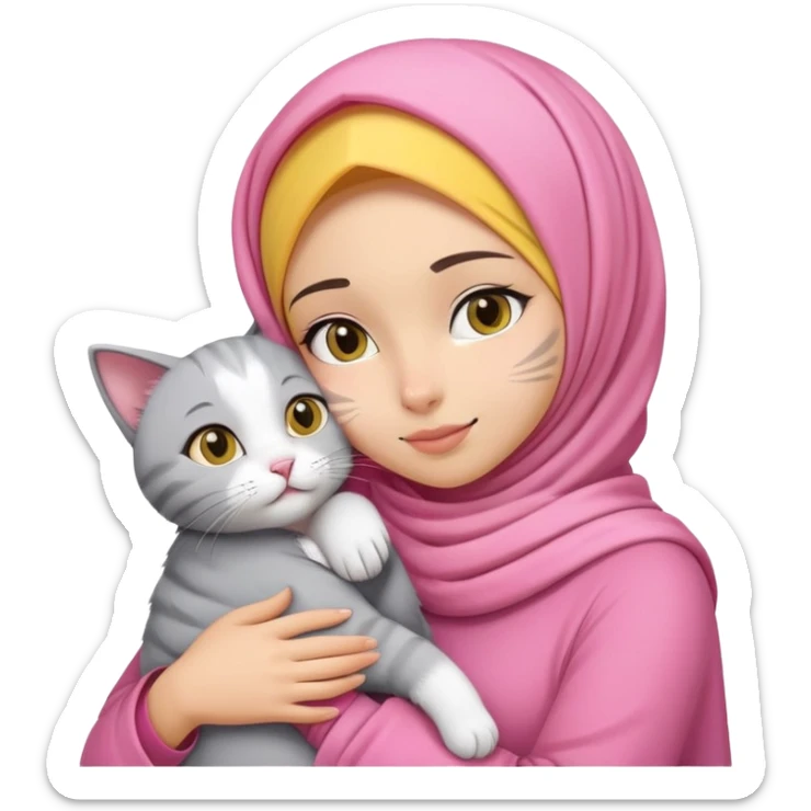 girl wear a pink hijab, the skin is yellow complexion, and hug a cat that has a gray shaped like a gordyn in face and white fur sticker