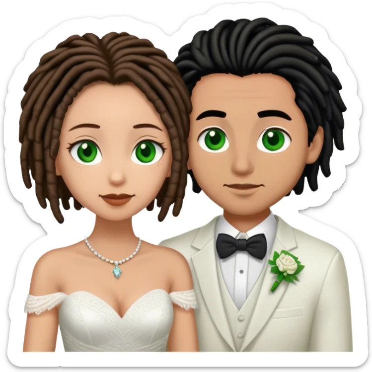 Couple lightskinned man with short brown dreads and green eyes. light skinned woman with black hair and brown eyes getting married sticker