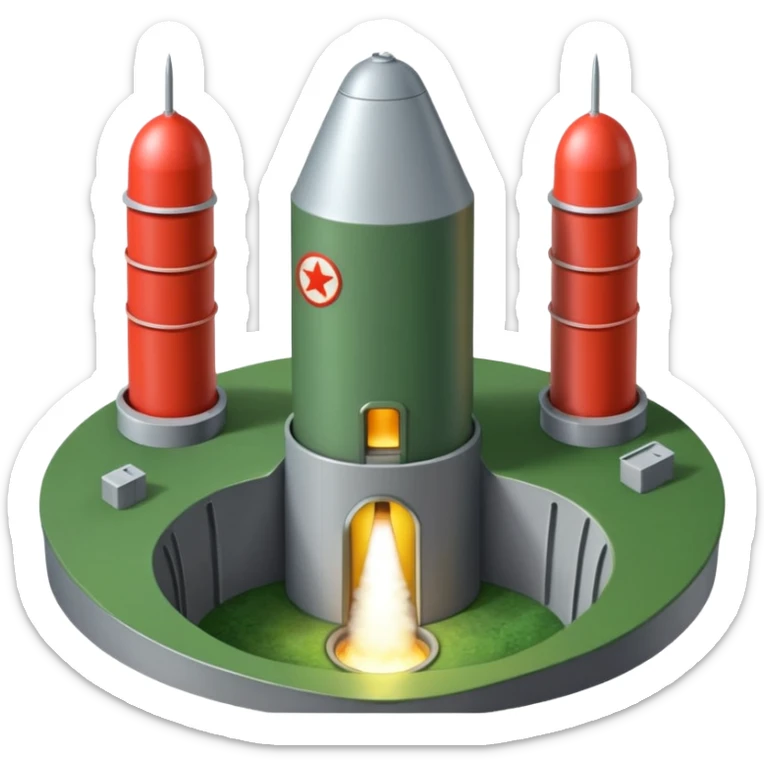 green landscape with sun in top of the background, there is a greynmissile silo hatch open, and the top two thirds of a white nuclear missile launching out of the silo is shown sticker