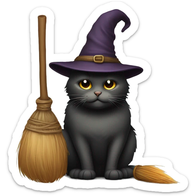 Dark fat cat wearing old witches hat, holding a broomstick by a potted plant  sticker