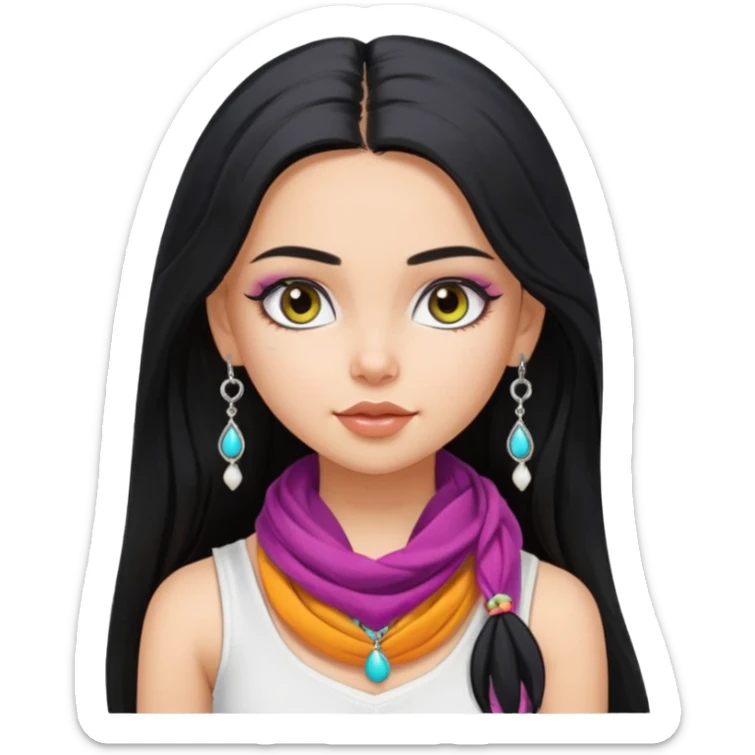 a pretty bratz girl with long black hair, kajal under eyes, small silver jhumkas. White tank top on. Colourful scarf around neck sticker