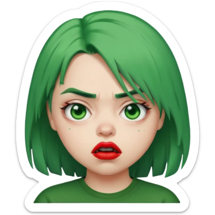 girl with green hair like Billie Eilish and red lipstick, angry expression sticker