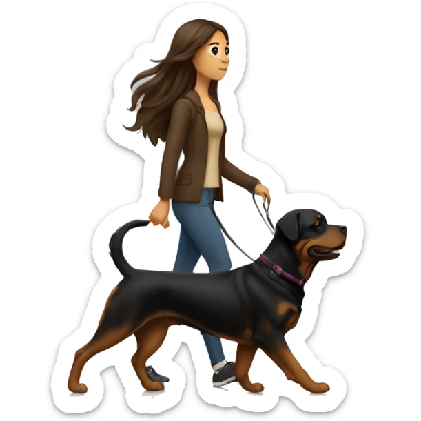 A woman with long brown hair takes a Rottweiler for a walk  sticker