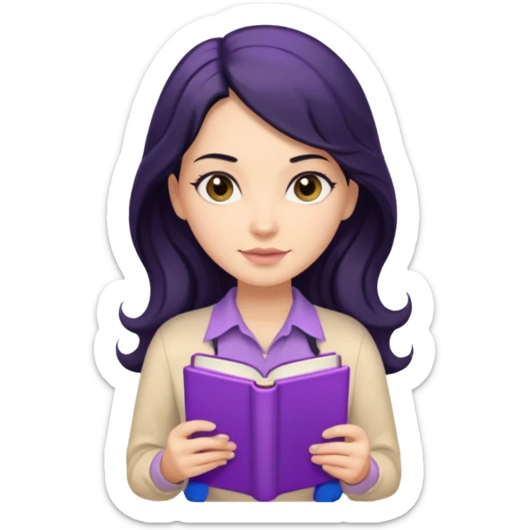 Long Hair Women with purple Book, Black wavy hair, beige shirt sticker