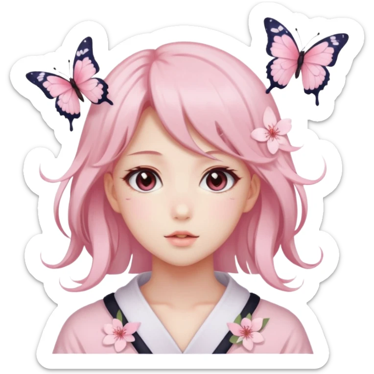 A Gorgeous Beautiful Anime Lady Sakura Cherry Blossom and Pretty Hair, pastelcore aesthetic, pastel pink and white, butterfly sticker