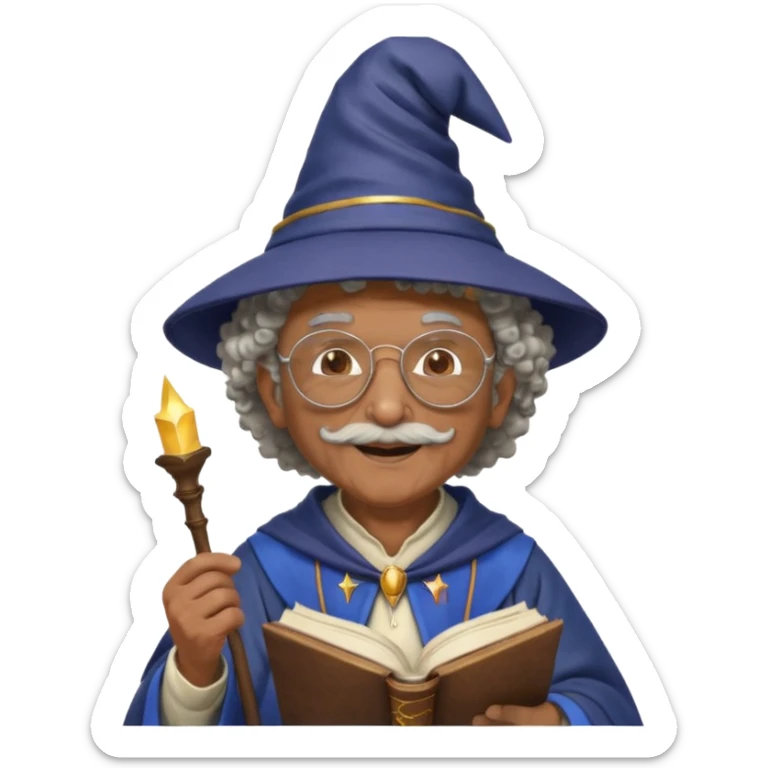 A Joyful Elderly Male with Brown skin and Curly hair, wearing a Traditional outfit, a Wizard hat, Sunglasses, carrying a Spellbook, working as a farmer, while drinking Coffee and reading a Textbook. sticker
