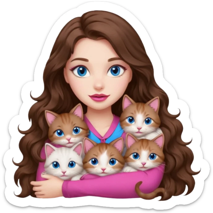 girl with long wavy brown hair, blue eyes, long lashes makeup, sexy pink lips, cuddling with 6 cats sticker