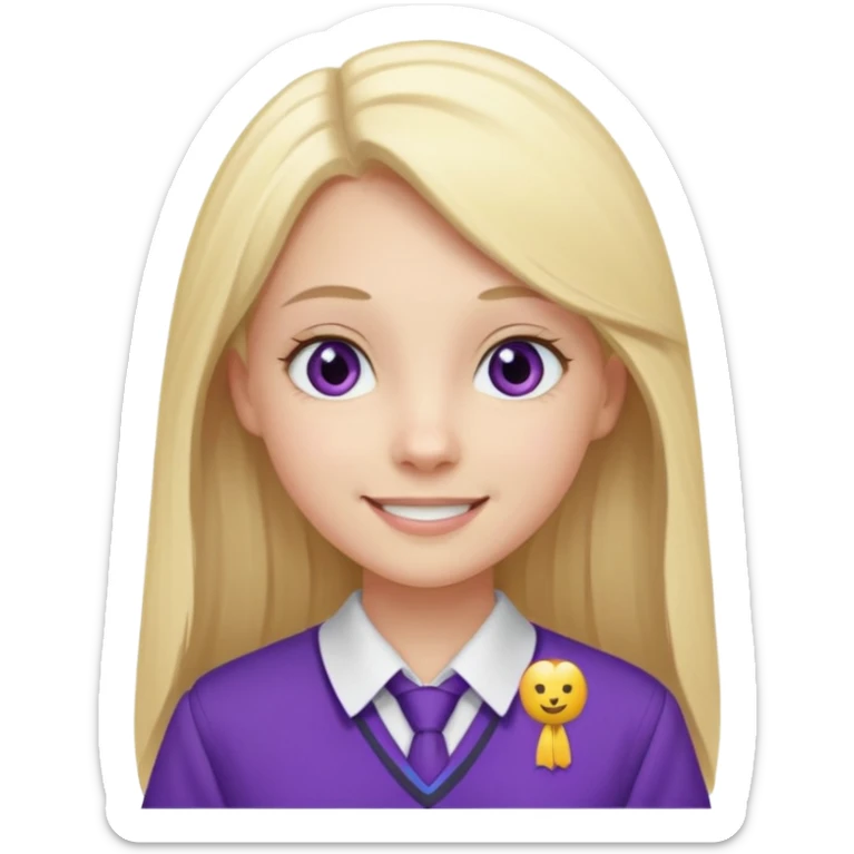 A pale girl with gray eyes and long and blonde straight hair , smiling wearing a purple school uniform  sticker