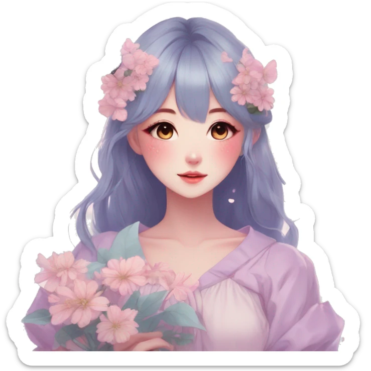 Gorgeous Pastel Anime-Style Lady With Butterflies on face and flower petals around cottage core pastelcore kawaii aesthetic trending style sticker