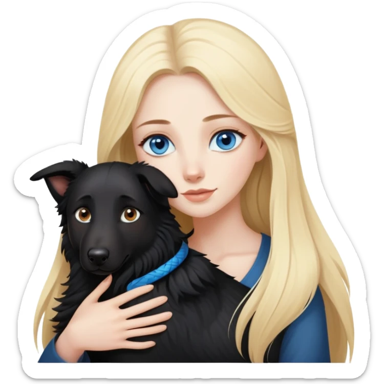 pretty woman with pale skin and who has BLUE eyes and very long blonde hair and is  hugging a black shepherd dog. The dog has brown eyes but the woman has blue eyes.  sticker