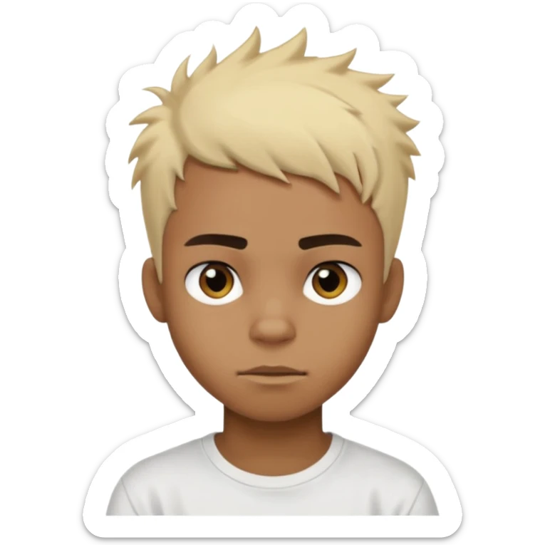 Black Male Teenager with Short punk messy blonde hair, Dark brown bushy eyebrows large expressive golden-brown eyes, wearing a plain white t-shirt, Dark Brown skin color. sticker