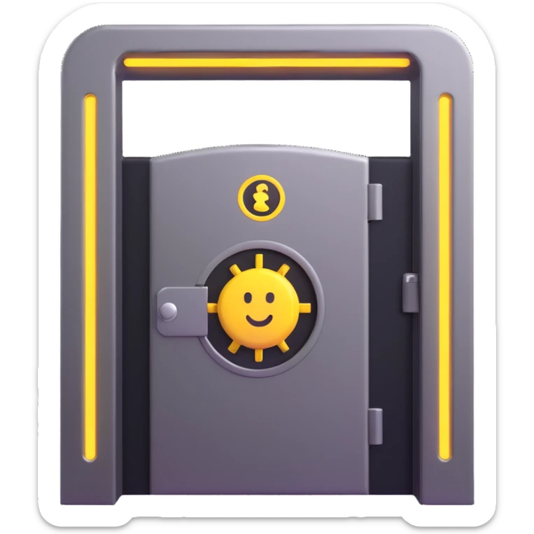 bank emoji with robotic vault door, chrome details, neon highlights, virtual bank sticker