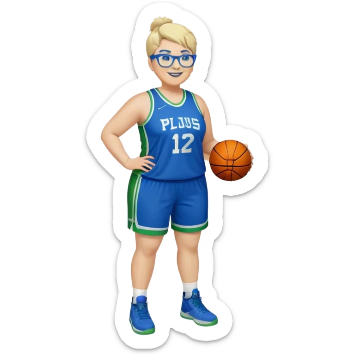 Full Body plus size white female with short spike hair wearing blue glasses basketball player wearing blue green uniform smiling sticker